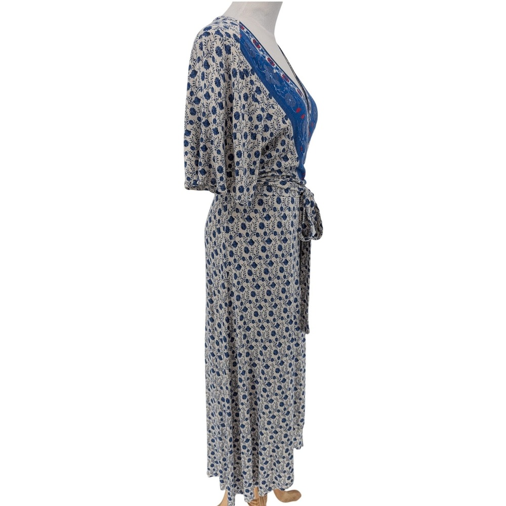 Lucky Brand Border Print Wrap Midi Dress M Blue Floral Boho Chic Cottage Prairie - Picture 6 of 16